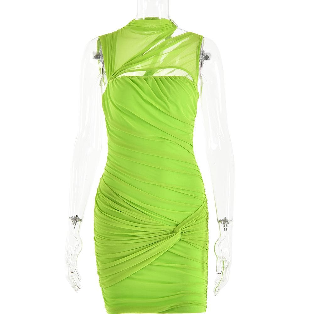 Sleeveless irregular hollow out mesh knotted ruched mini dress 8
