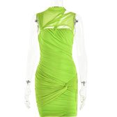 Sleeveless irregular hollow out mesh knotted ruched mini dress 8