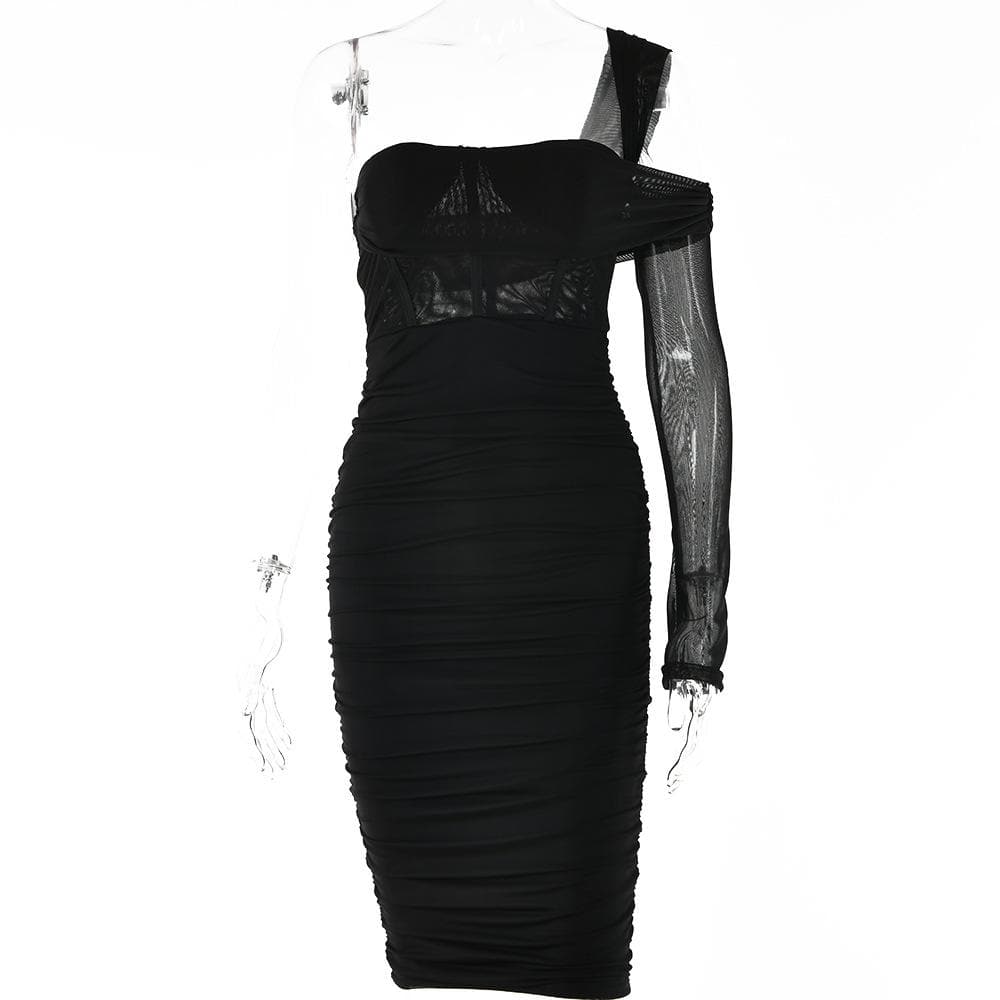 One Shoulder Single Sleeve Ruched Sheer Mesh Corset Bodycon Midi Dress 4
