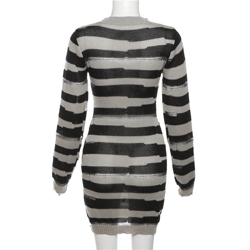 Crochet striped contrast long sleeve crewneck mini dress 5
