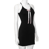 Bowknot ribbon lace hem u neck cross back backless cami mini dress 3