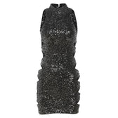 Glitter hollow out high neck button sleeveless mini dress 8