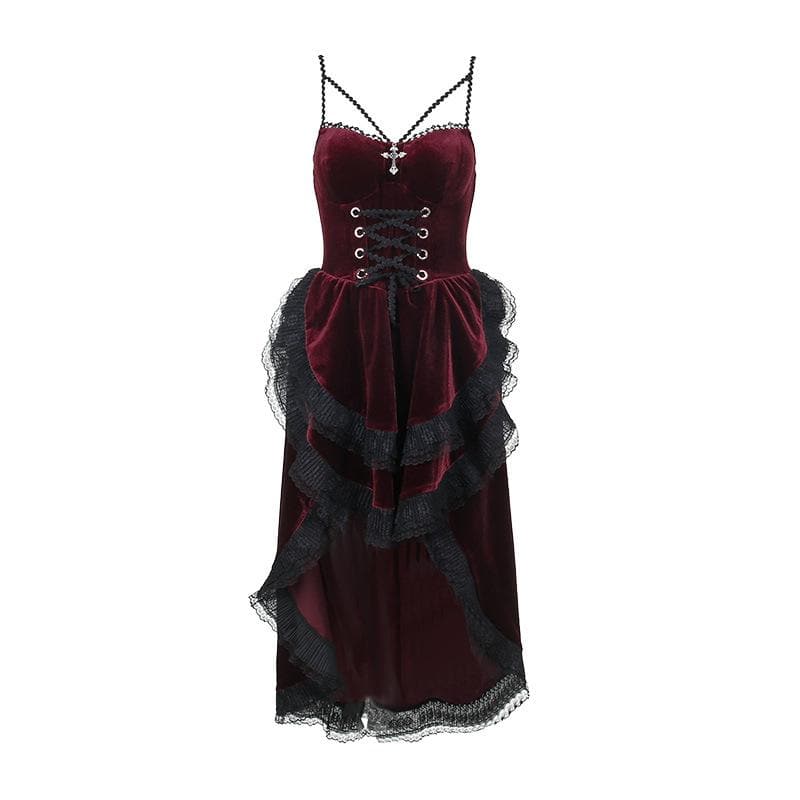 Velvet lace hem ruched lace up backless irregular midi dress 3