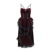 Velvet lace hem ruched lace up backless irregular midi dress 3