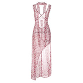 Chiffon flower print contrast backless v neck sleeveless maxi dress 2