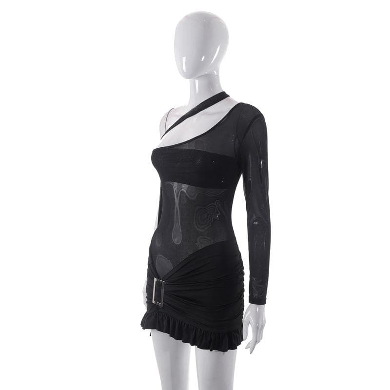 Mesh one shoulder buckle ruffle irregular mini dress 8