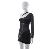 Mesh one shoulder buckle ruffle irregular mini dress 8
