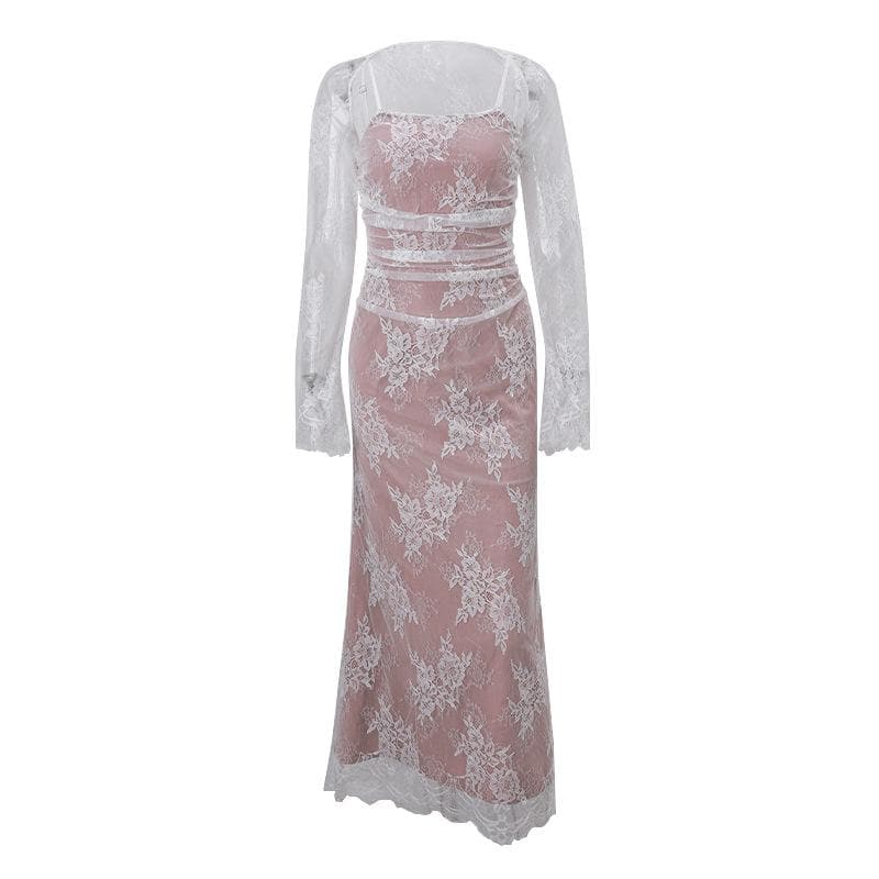 Floral Lace Cami Maxi Dress and Long Sleeve Shrug Two Piece Set