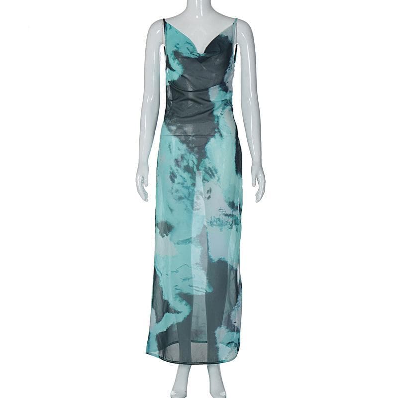 Slit chiffon tie dye contrast backless cowl neck cami maxi dress 8