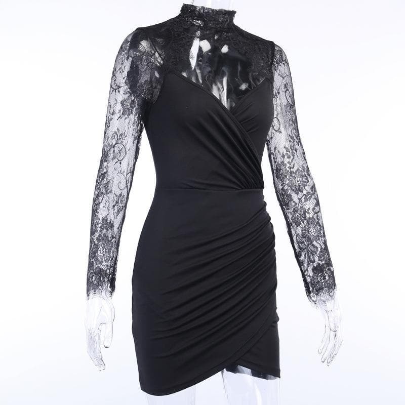 Hem lace low-cut high neck ruched midi dress 7
