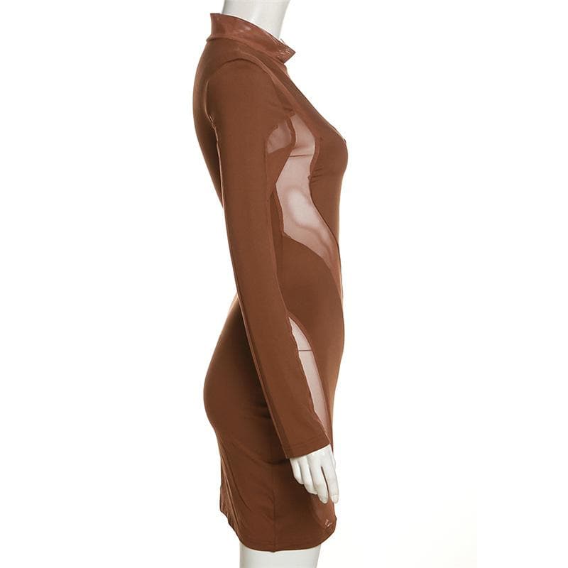 Mock Neck Long Sleeve Sheer Mesh Panel Bodycon Mini Dress 7