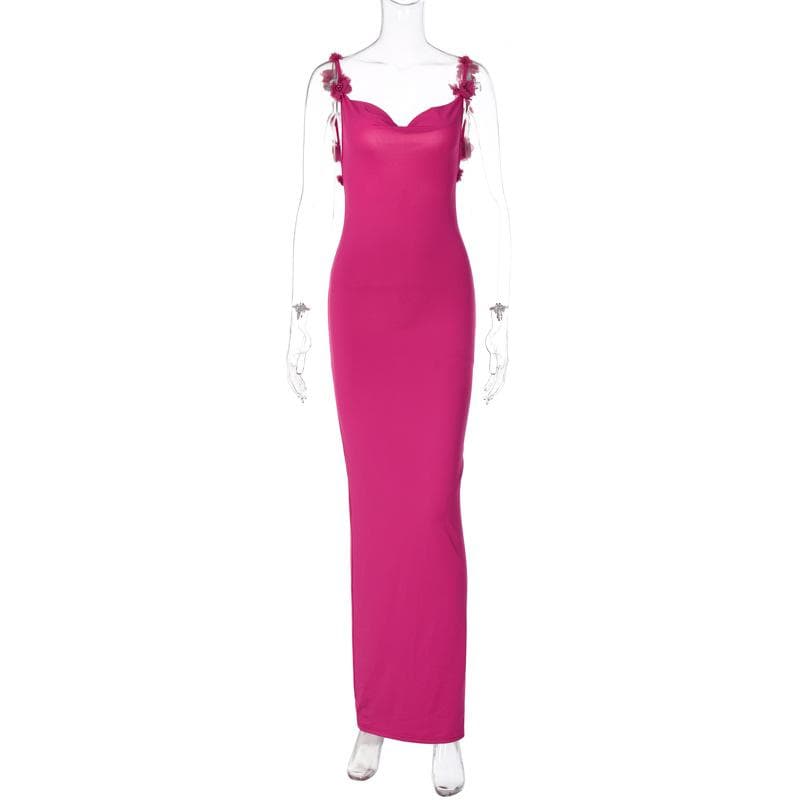 Flower applique cowl neck backless solid maxi dress 3