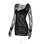 Long sleeve lace gloves see through sweetheart neck mini dress 7