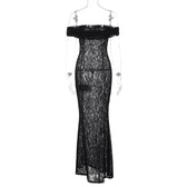 Lace off shoulder see through solid ruched maxi dress 4