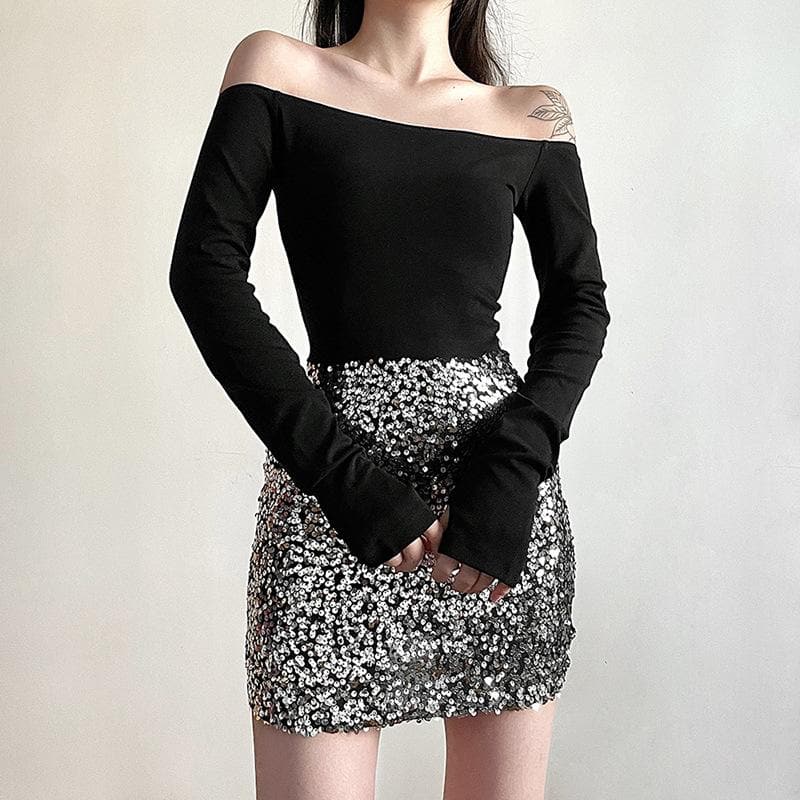 Glitter patchwork off shoulder gloves mini dress 9