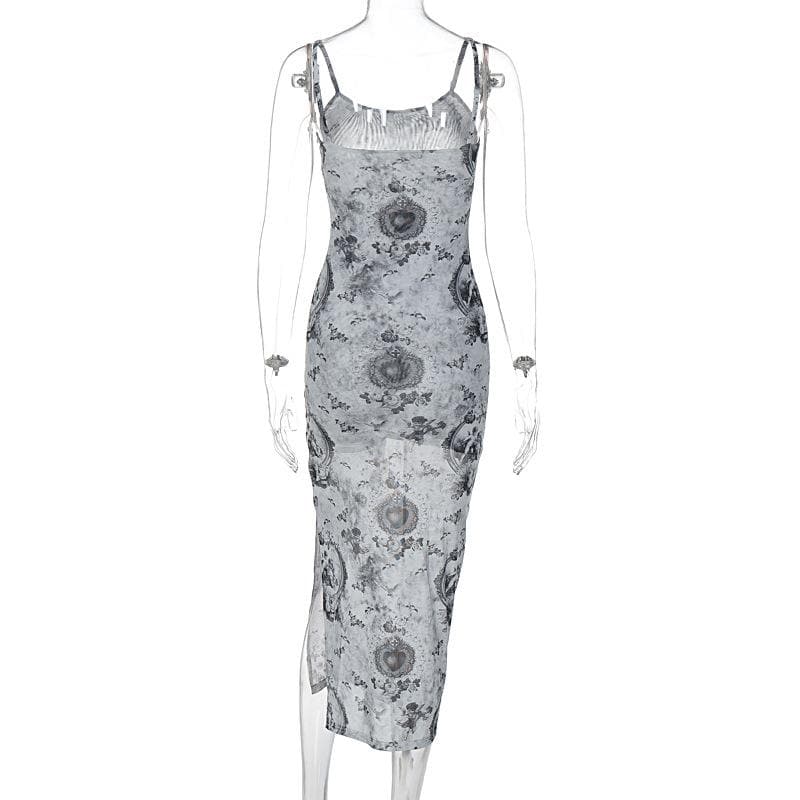 Slit contrast print sheer mesh see through u neck cami midi dress 4