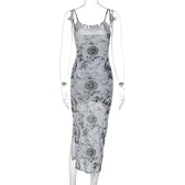 Slit contrast print sheer mesh see through u neck cami midi dress 4