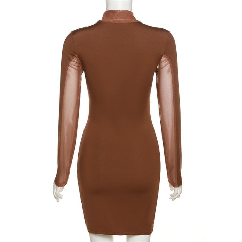 Mock Neck Long Sleeve Sheer Mesh Panel Bodycon Mini Dress 3