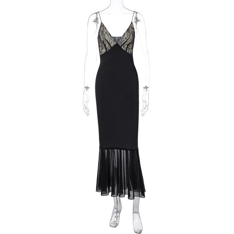 Lace patchwork contrast ruched v neck backless midi dress 2