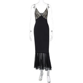 Lace patchwork contrast ruched v neck backless midi dress 2