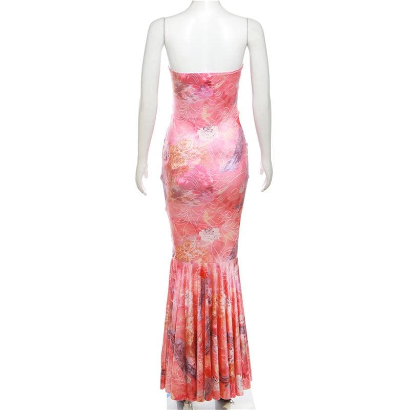 Lace up flower print contrast backless tube maxi dress 3