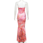 Lace up flower print contrast backless tube maxi dress 3