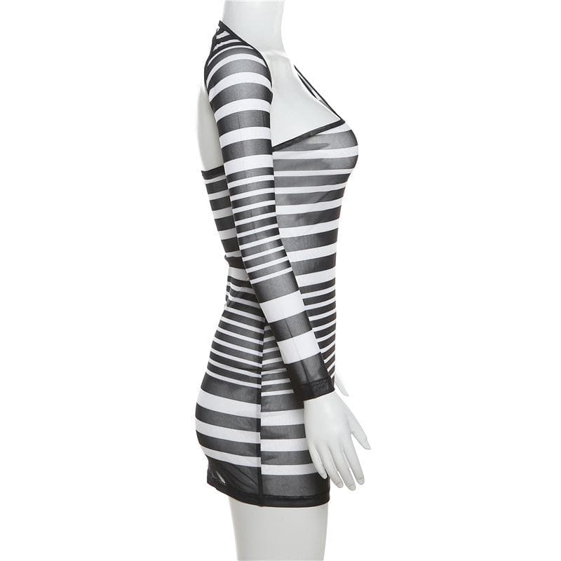 Irregular sheer mesh see through one shoulder striped mini dress 3