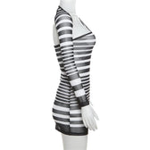 Irregular sheer mesh see through one shoulder striped mini dress 3
