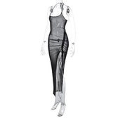 Halter drawstring sheer mesh see through slit backless maxi dress 4