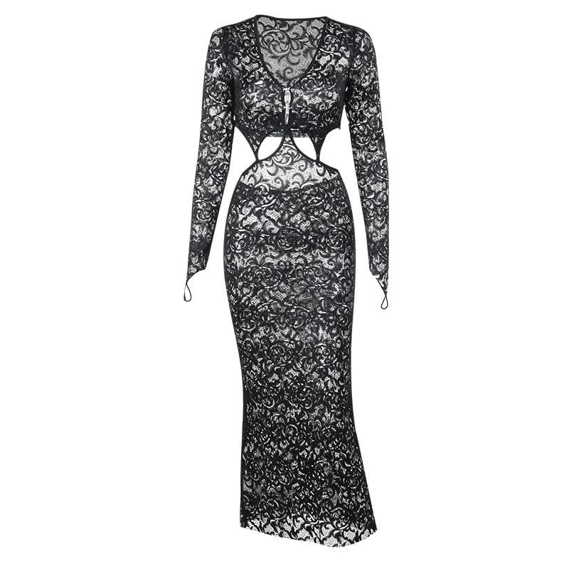 Lace gloves long sleeve button hollow out midi dress 2