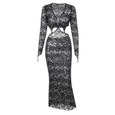 Lace gloves long sleeve button hollow out midi dress 2
