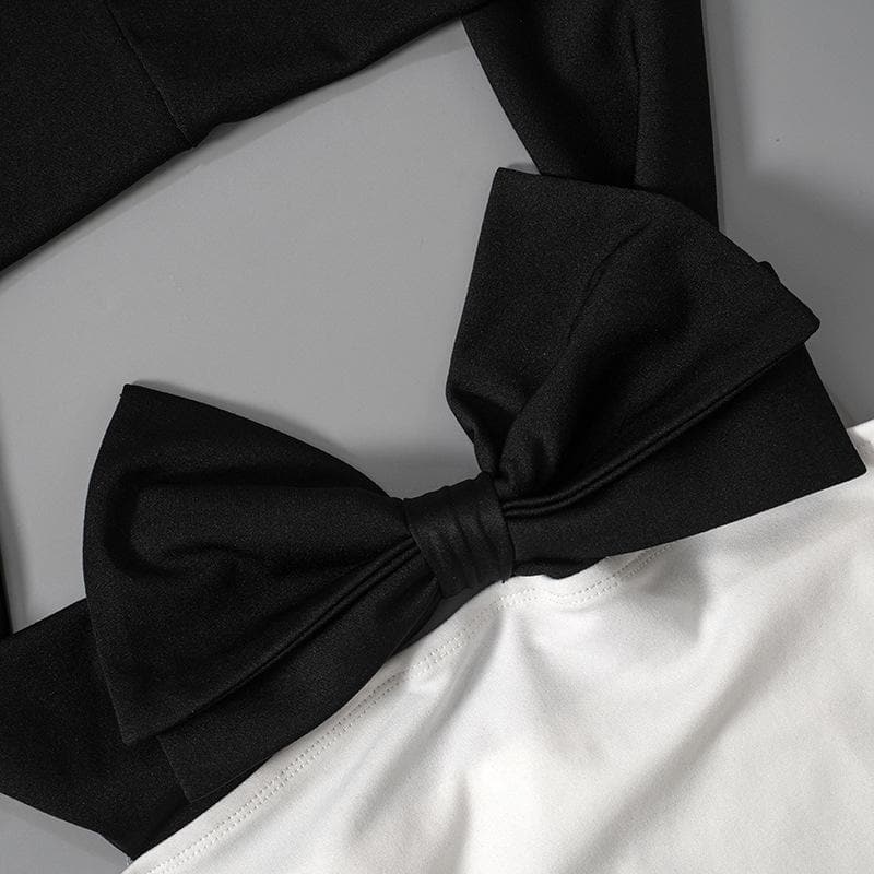Bowknot applique contrast off shoulder backless mini dress 6