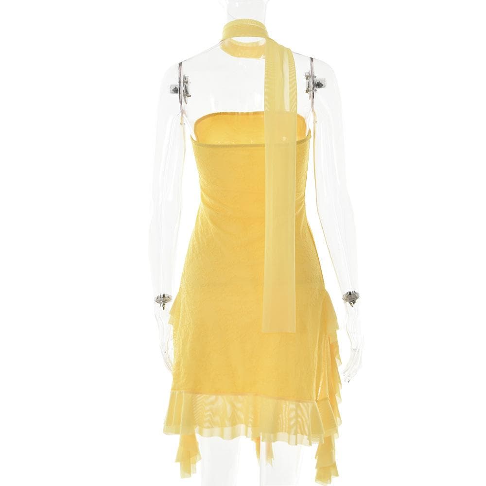 Mesh ruffle ribbon irregular solid backless tube mini dress 9