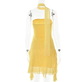 Mesh ruffle ribbon irregular solid backless tube mini dress 9