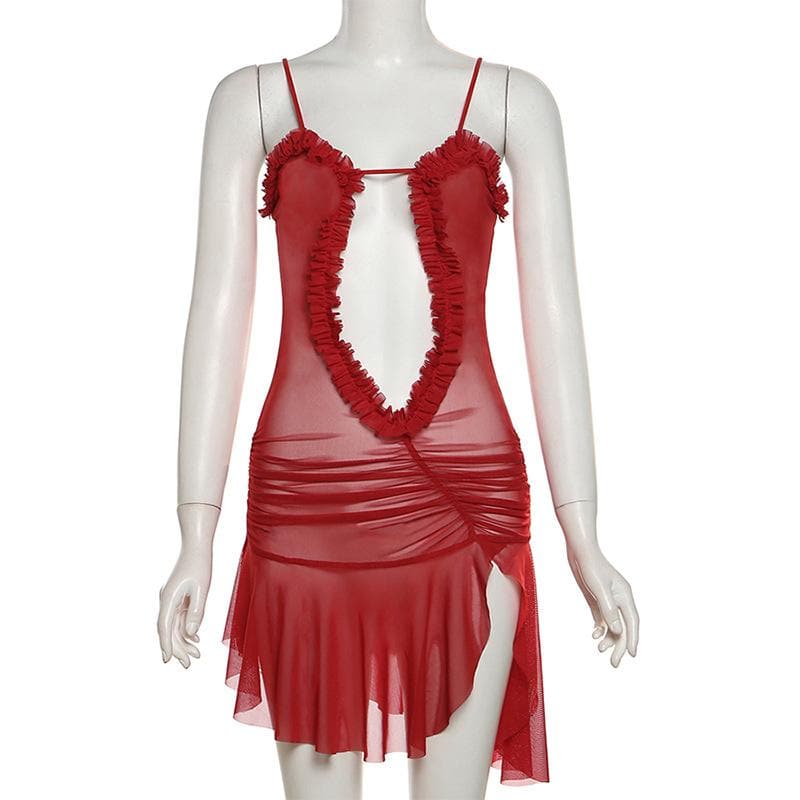 Sheer Mesh Ruffle Trim Cut Out Ruched Asymmetric Strap Mini Dress 5