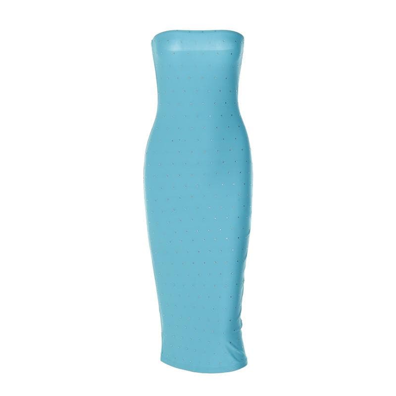 Strapless Rhinestone Studded Bodycon Tube Midi Dress