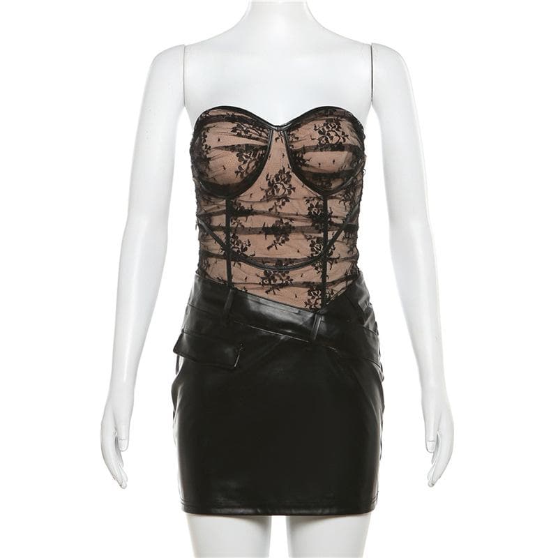 Faux Leather Patchwork Lace Sweetheart Strapless Bodycon Mini Dress 4