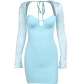 Long sleeve solid hollow out slit ruched beaded self tie backless mini dress 3