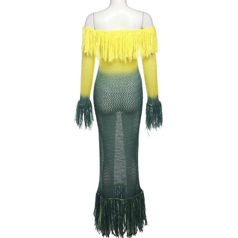 Crochet tassels off shoulder contrast long sleeve maxi dress 3