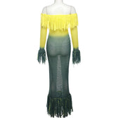 Crochet tassels off shoulder contrast long sleeve maxi dress 3