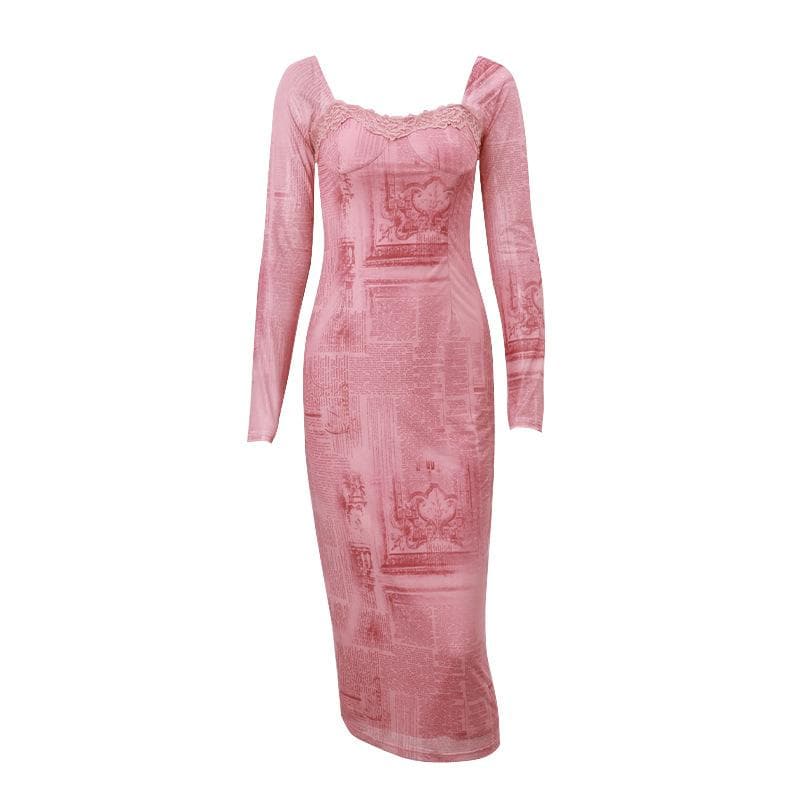 Baroque Print Mesh Square Neck Long Sleeve Lace Trim Midi Dress