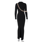 Contrast irregular mesh patchwork long sleeve slit maxi dress 4