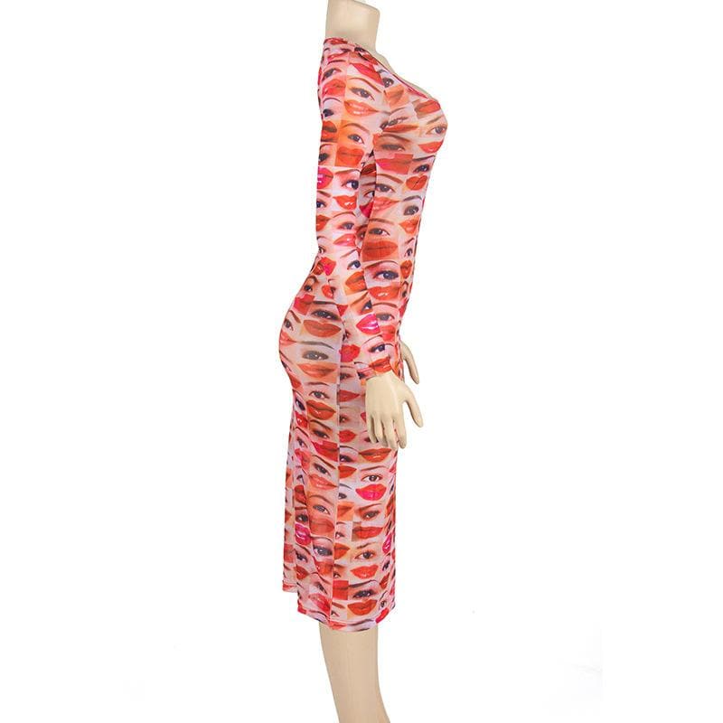 Long sleeve abstract u neck sheer mesh contrast midi dress 10