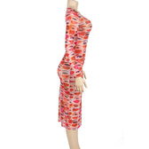 Long sleeve abstract u neck sheer mesh contrast midi dress 10