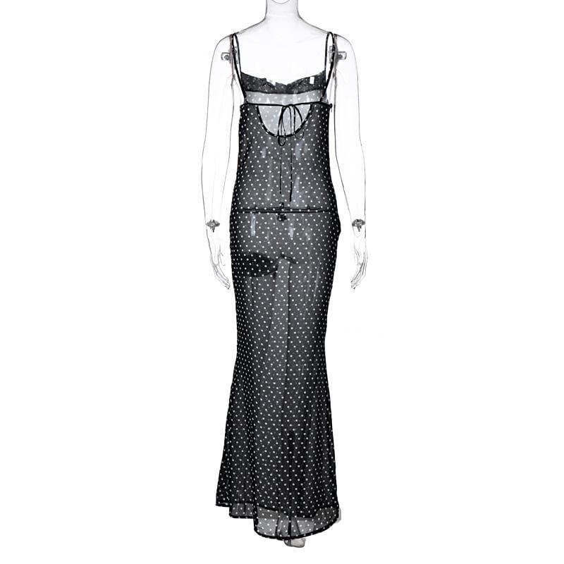 Cowl neck polka dot mesh see through maxi dress 7