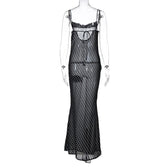 Cowl neck polka dot mesh see through maxi dress 7