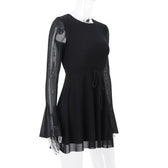 Long flared sleeve crewneck self tie mesh backless mini dress 4