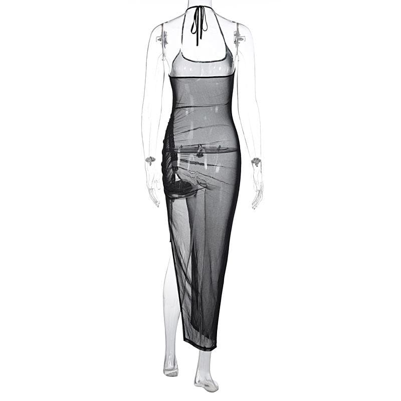 Halter drawstring sheer mesh see through slit backless maxi dress 5