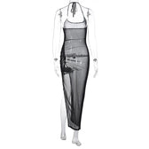 Halter drawstring sheer mesh see through slit backless maxi dress 5