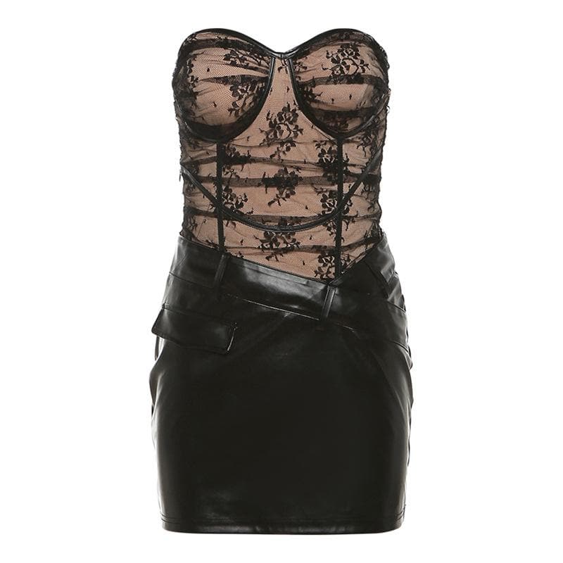 Faux Leather Patchwork Lace Sweetheart Strapless Bodycon Mini Dress 2